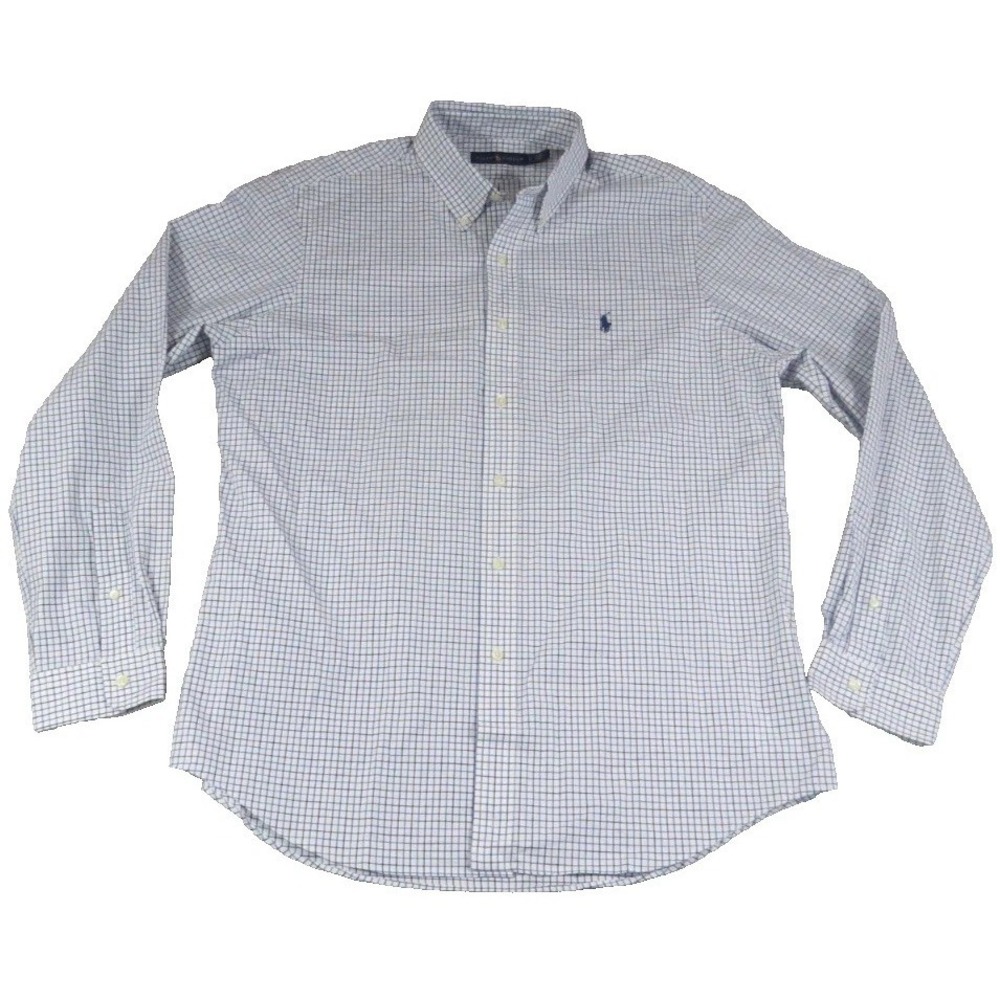 Ralph Lauren Polo Shirt Mens L Blue White Check Cotton Button Down Long Sleeve